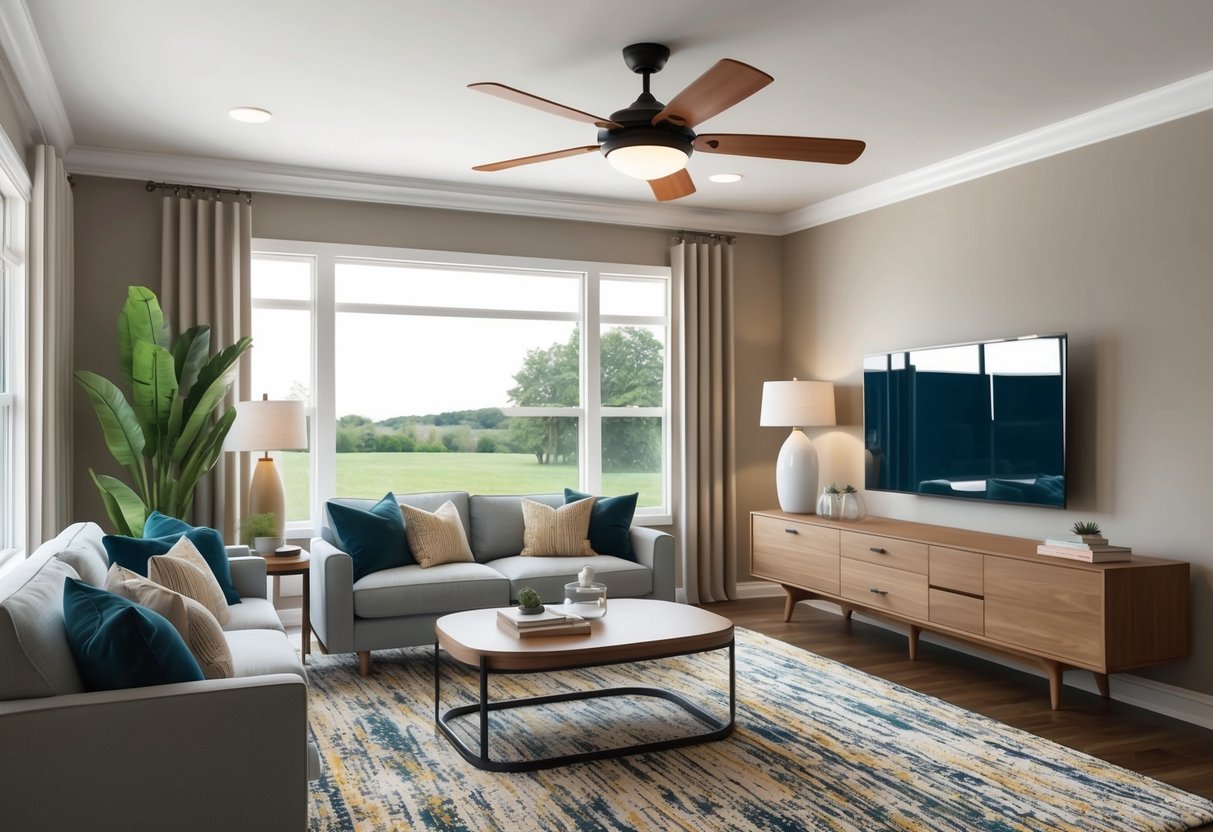 A cozy living room with a ceiling fan spinning above, casting a gentle breeze on modern furniture and energy-efficient appliances