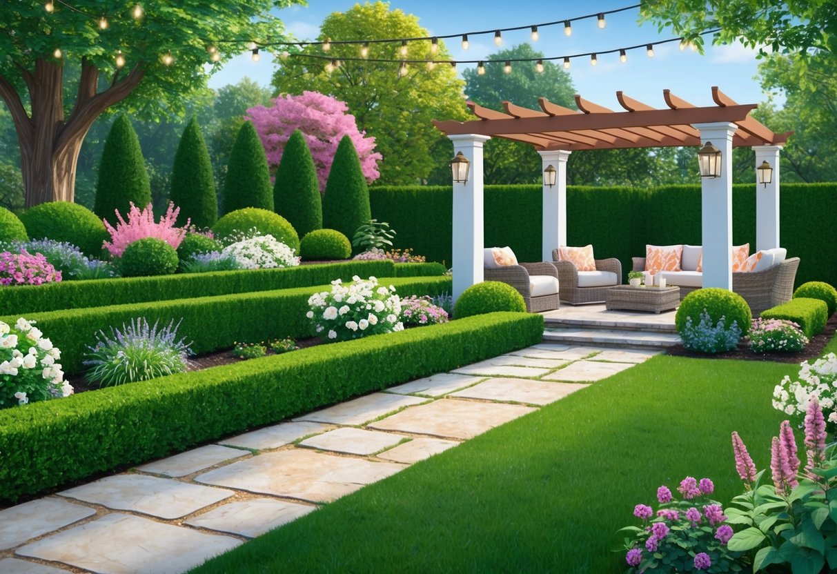 A lush garden with blooming flowers, manicured hedges, and a charming stone pathway leading to a cozy outdoor seating area with a pergola and string lights