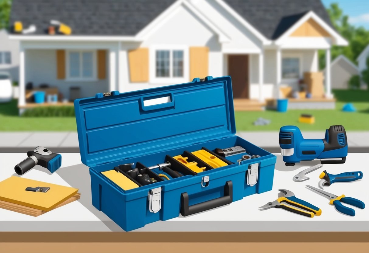 A toolbox open on a clean, organized workbench, with various tools and materials laid out for easy access. A house in the background shows signs of small improvement projects in progress