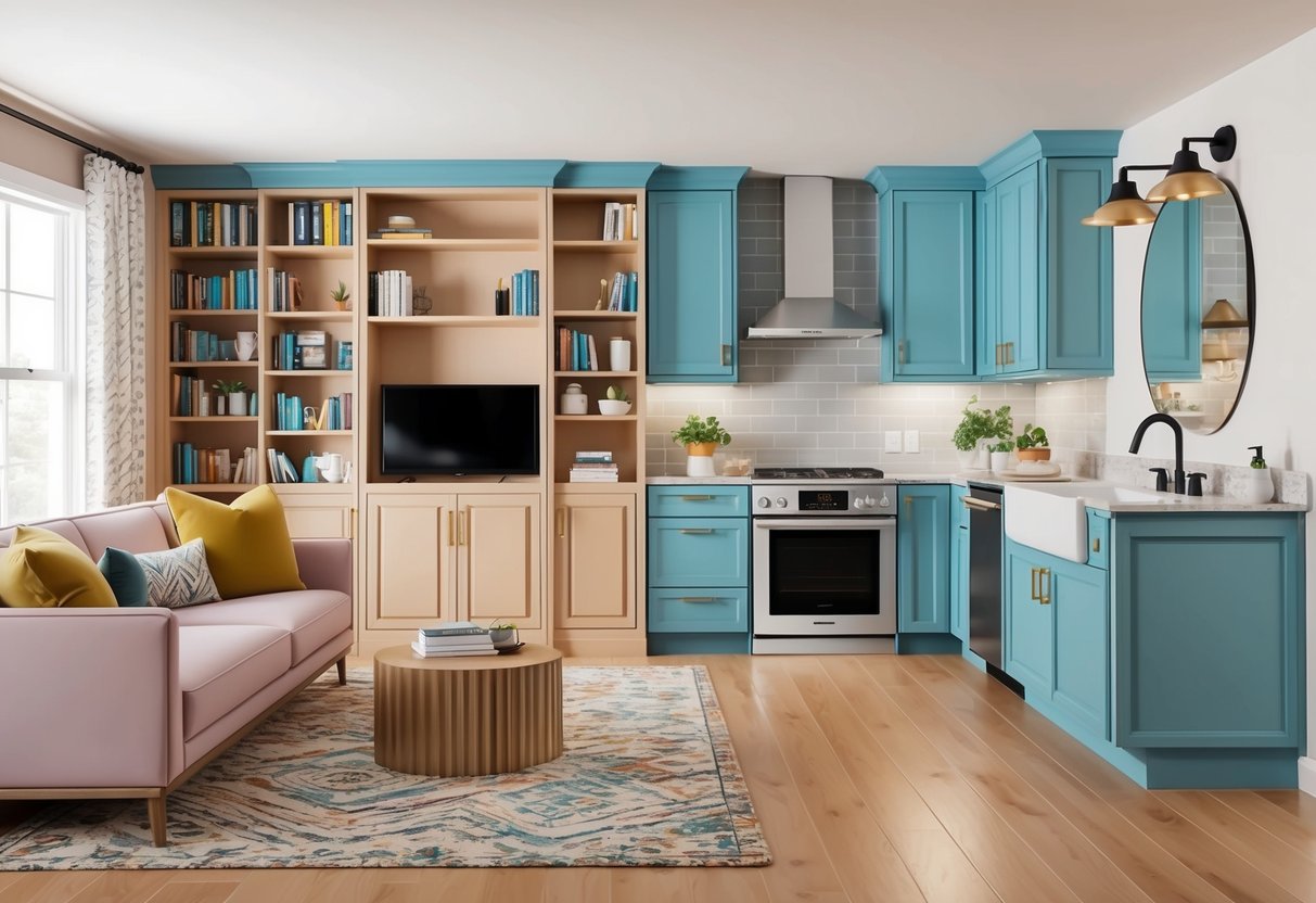 A cozy living room with a built-in bookshelf, a stylish and organized kitchen with new appliances, and a renovated bathroom with modern fixtures