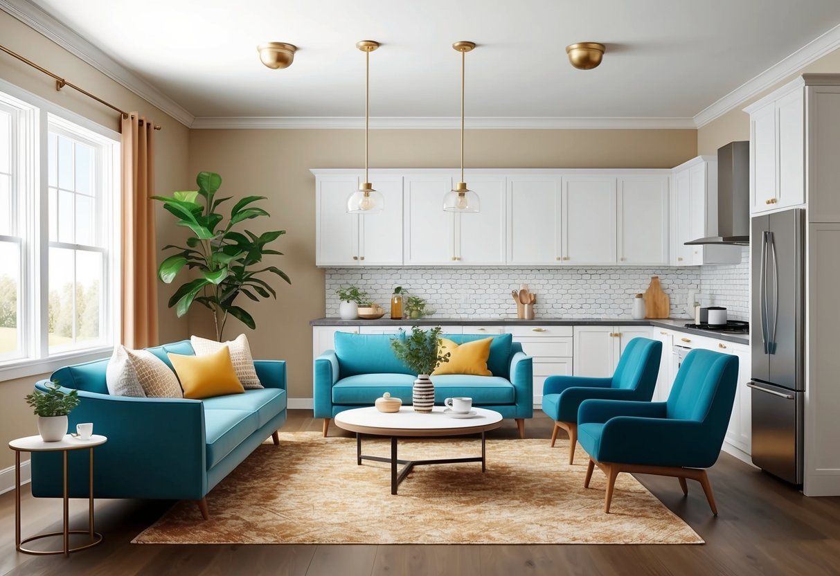 A cozy living room with freshly painted walls, new light fixtures, and updated furniture. A modern kitchen with sleek appliances and a stylish backsplash