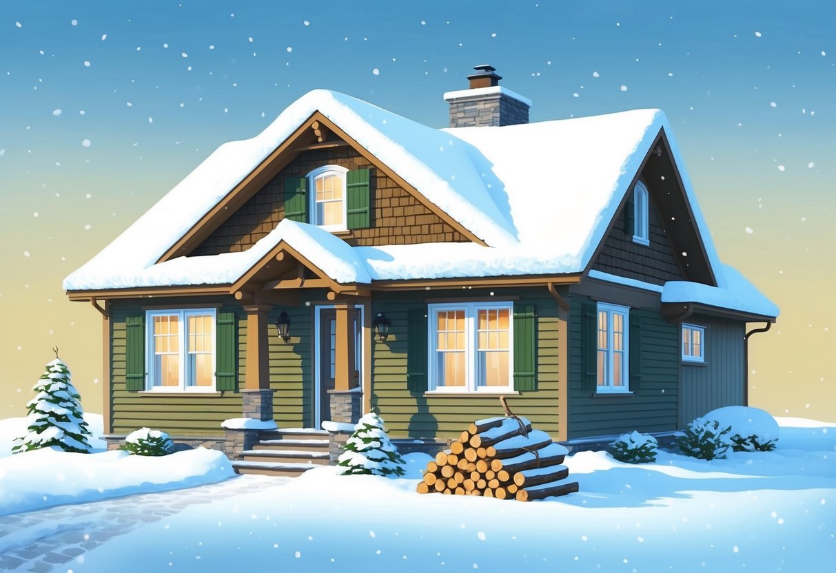 A cozy home surrounded by snow with a well-maintained roof, sealed windows, and cleared gutters. A stack of firewood sits next to the house