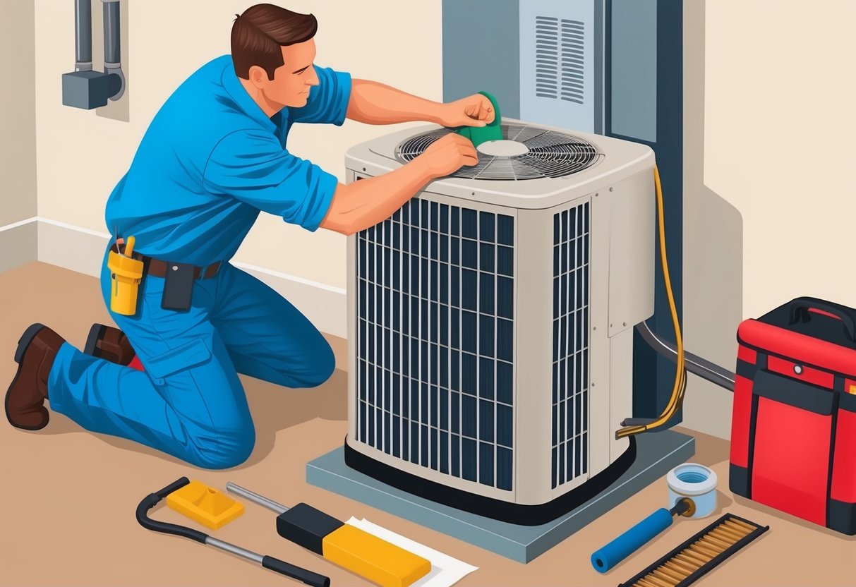 A technician performing maintenance on an HVAC system, checking filters and cleaning coils, with tools and equipment nearby