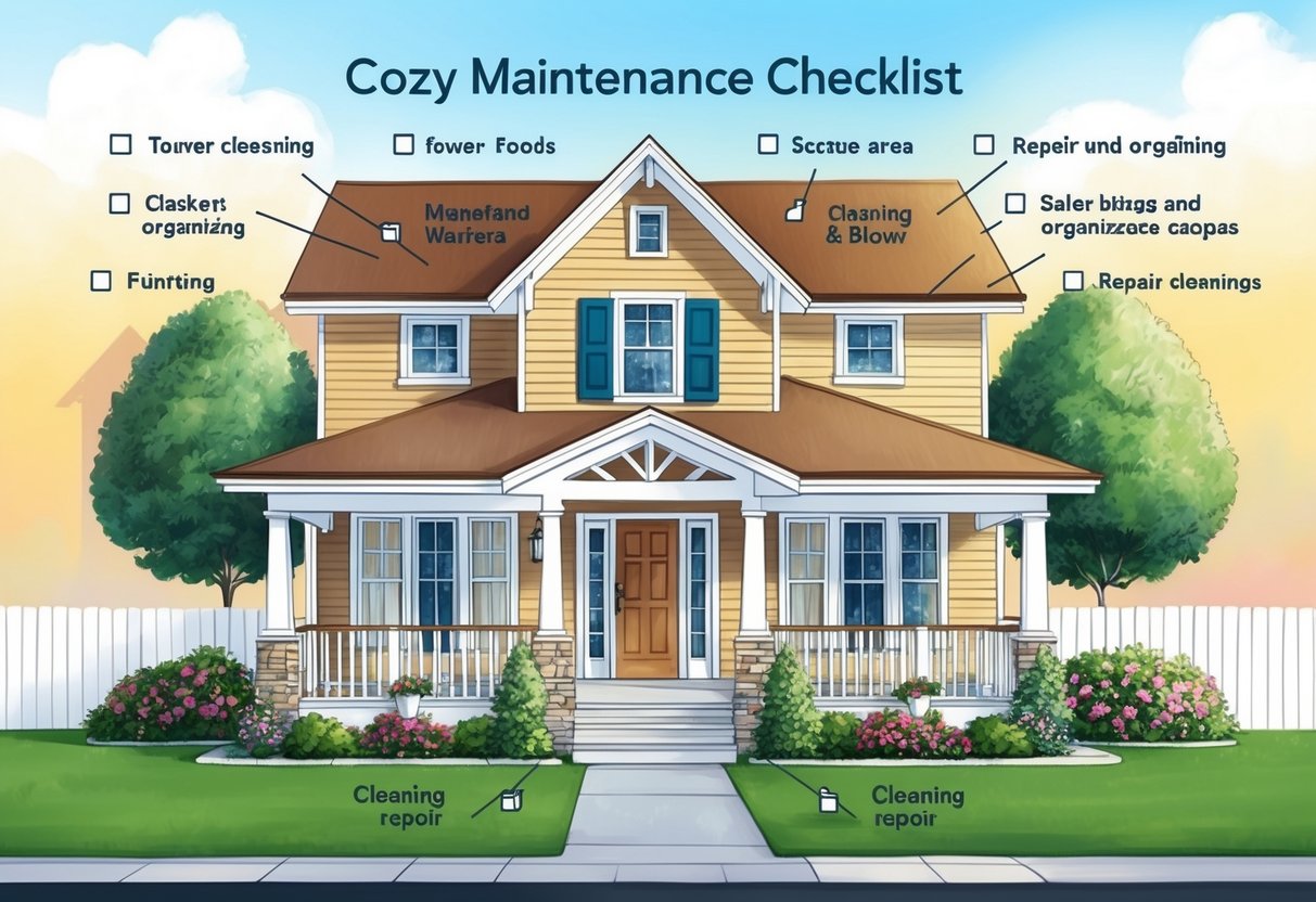 A cozy home with a checklist of maintenance tasks, including cleaning, repairing, and organizing various areas of the house