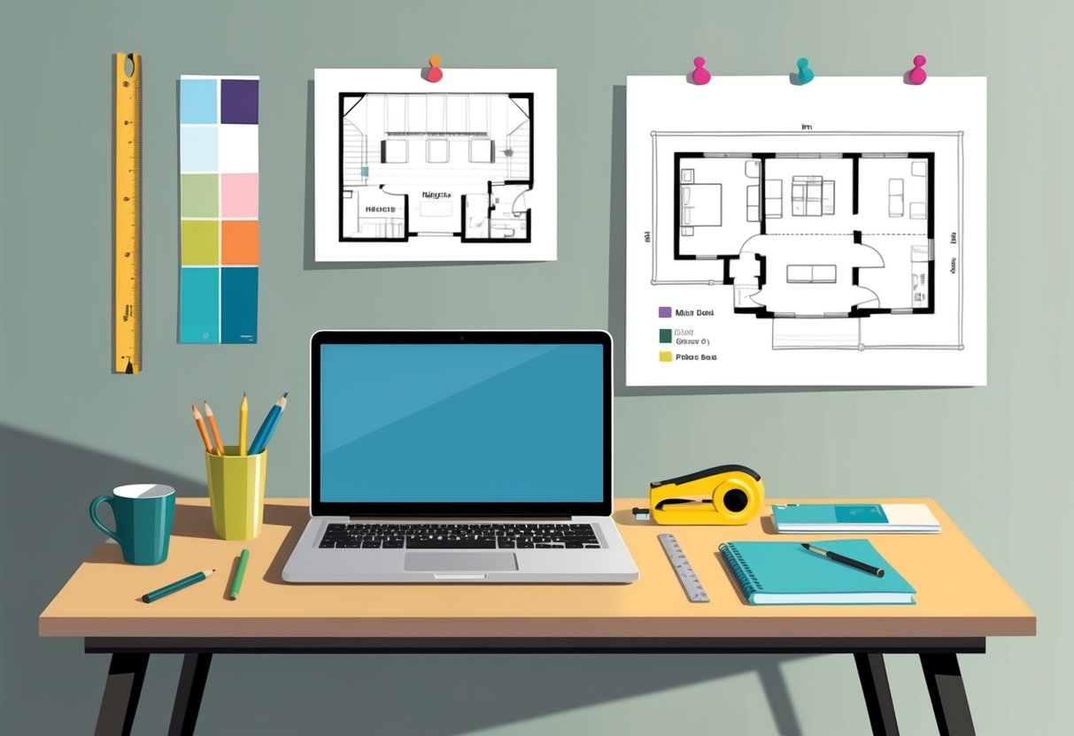 A clutter-free desk with a laptop, notebook, and pen. A ruler, tape measure, and color swatches are neatly organized on the desk. A floor plan and architectural drawings are pinned to the wall