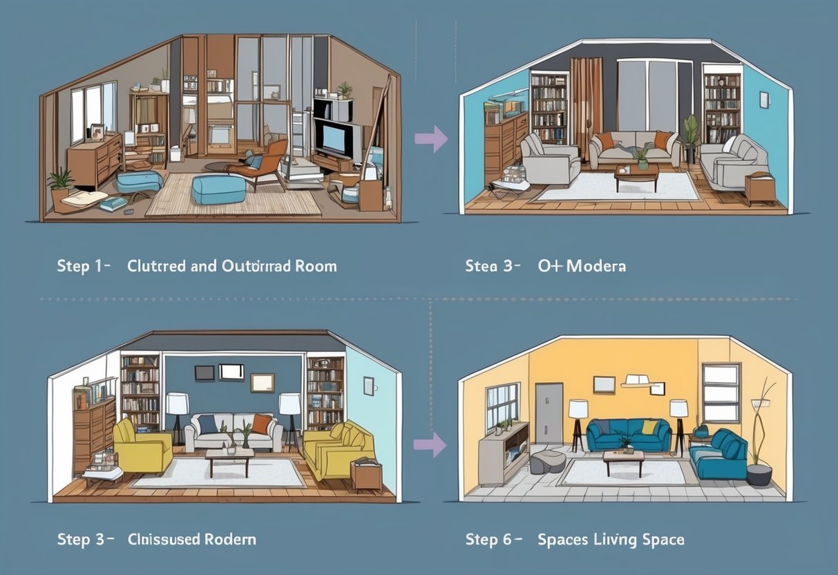 A cluttered and outdated room transforms into a modern and spacious living space through a series of step-by-step renovations