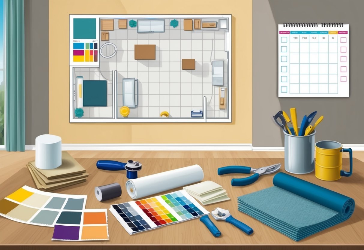 A room with a floor plan, color swatches, fabric samples, and renovation tools laid out on a table, with a calendar and checklist on the wall