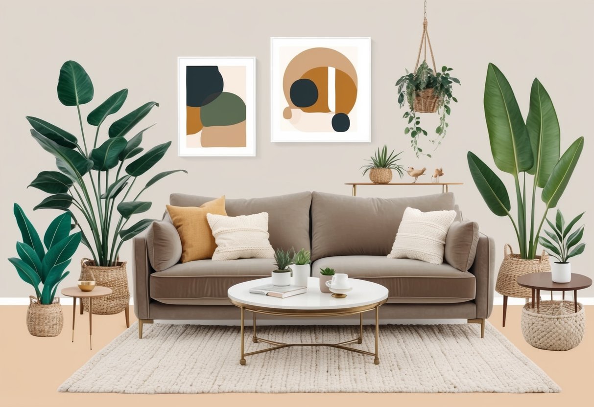 A cozy living room with a neutral color scheme, plush sofa, and a coffee table surrounded by houseplants and art on the walls