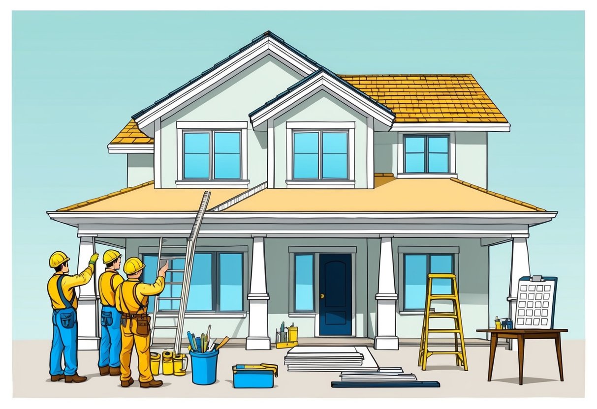 A home under renovation, with workers inspecting and measuring various aspects of the project. Tools and materials are neatly organized, and a checklist is visible on a nearby table