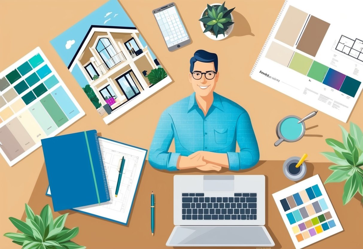 A homeowner sits at a desk with a notebook, pen, and laptop, surrounded by design magazines, paint swatches, and architectural plans