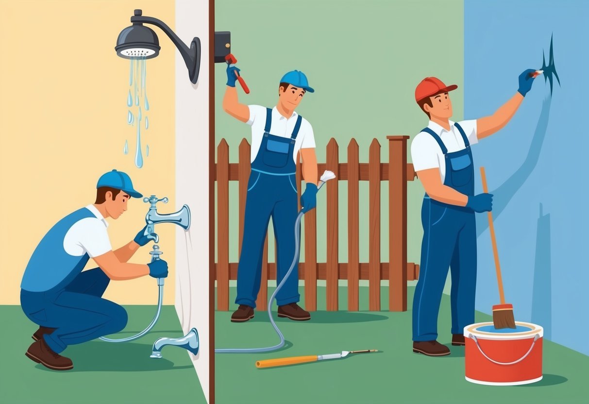 A person fixing a leaky faucet, another repairing a broken fence, and someone painting a wall