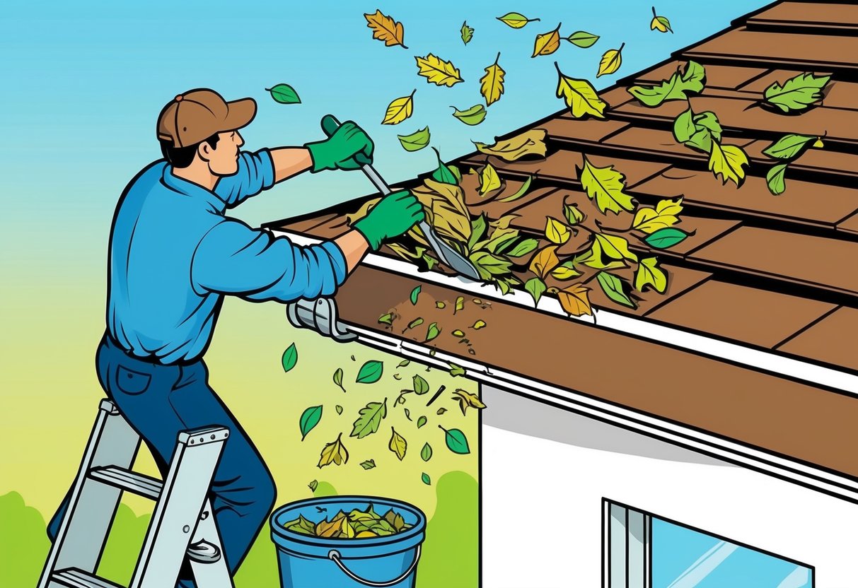 A person on a ladder, removing leaves and debris from a gutter with a scoop and wearing gloves. A bucket is nearby for collecting the debris