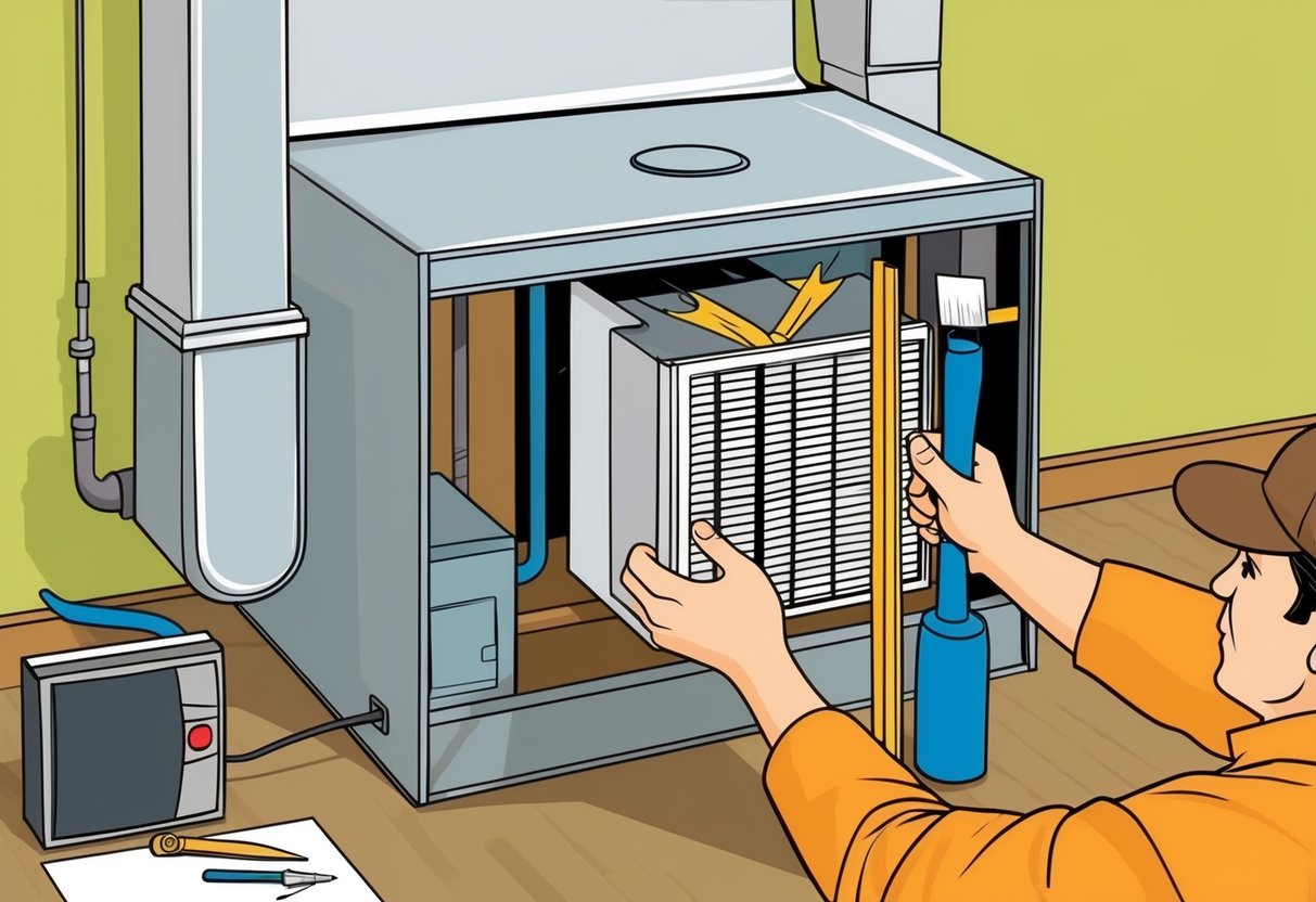An HVAC system with visible issues, such as a clogged filter or a malfunctioning thermostat, being addressed by a homeowner using basic tools and materials