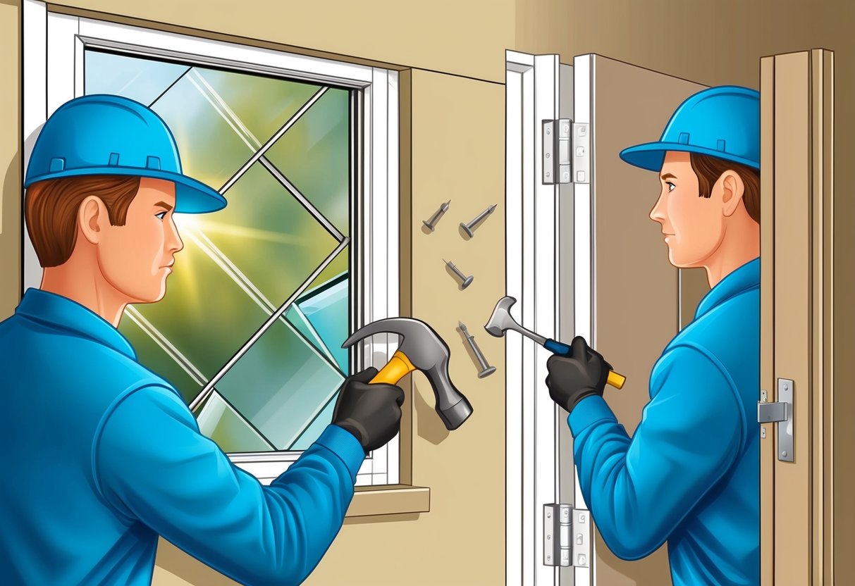 A person fixing a broken window with a hammer and nails, while another person repairs a door with a screwdriver and hinges