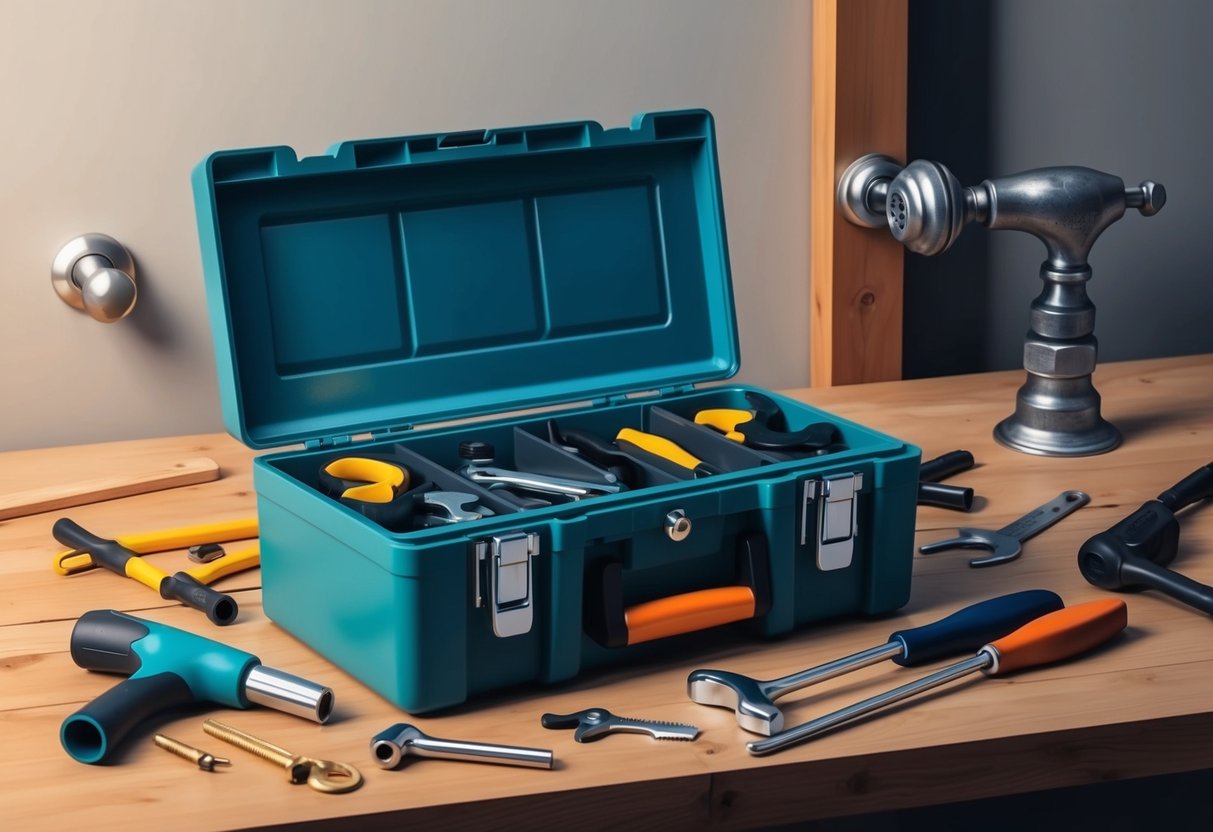 A toolbox open on a wooden workbench, with various tools scattered around. A broken faucet and a loose doorknob in the background