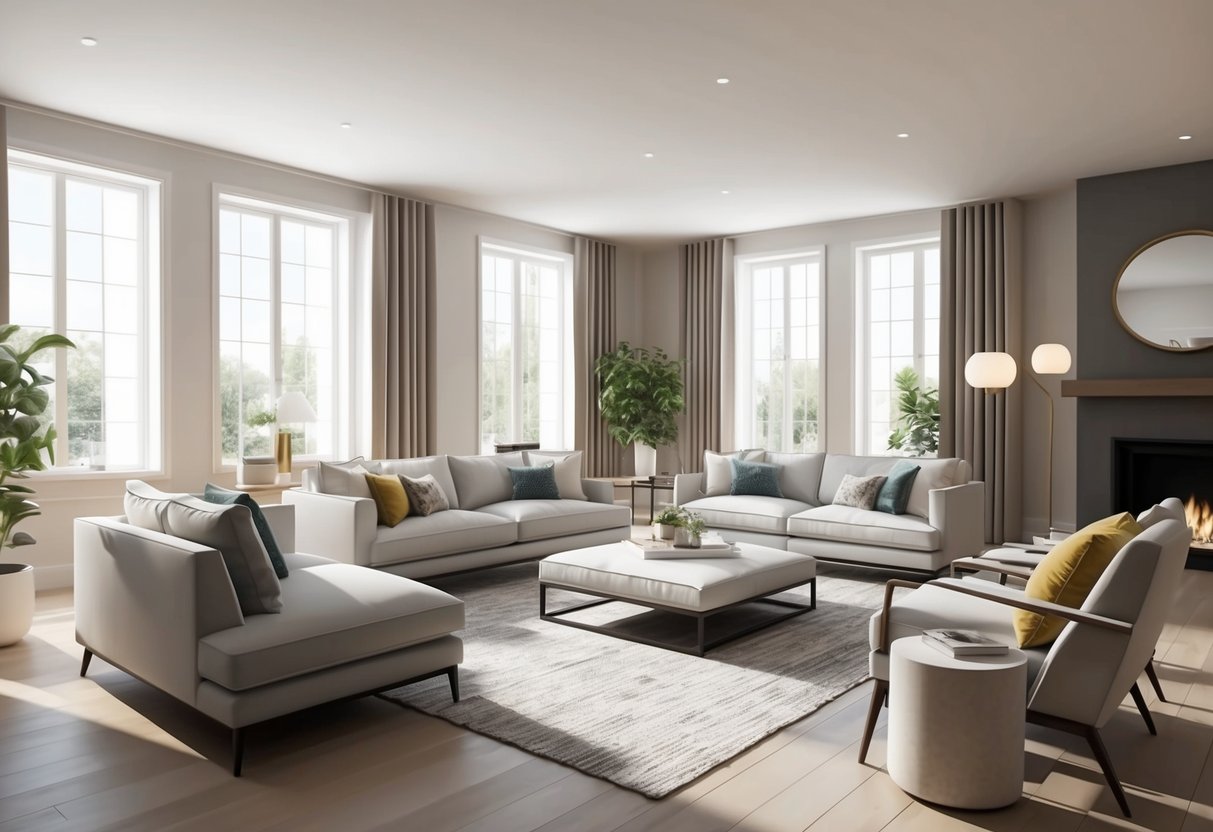 A spacious living room with modern furniture arranged for comfort and functionality. Natural light floods the room through large windows, highlighting the stylish decor and cozy ambiance