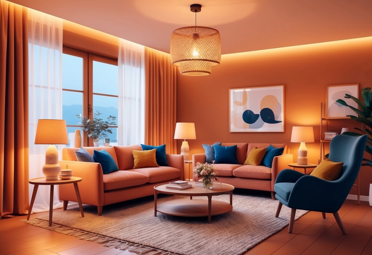 A cozy living room with warm, ambient lighting, strategically placed lamps, and a mix of natural and artificial light sources creating a comfortable and stylish atmosphere
