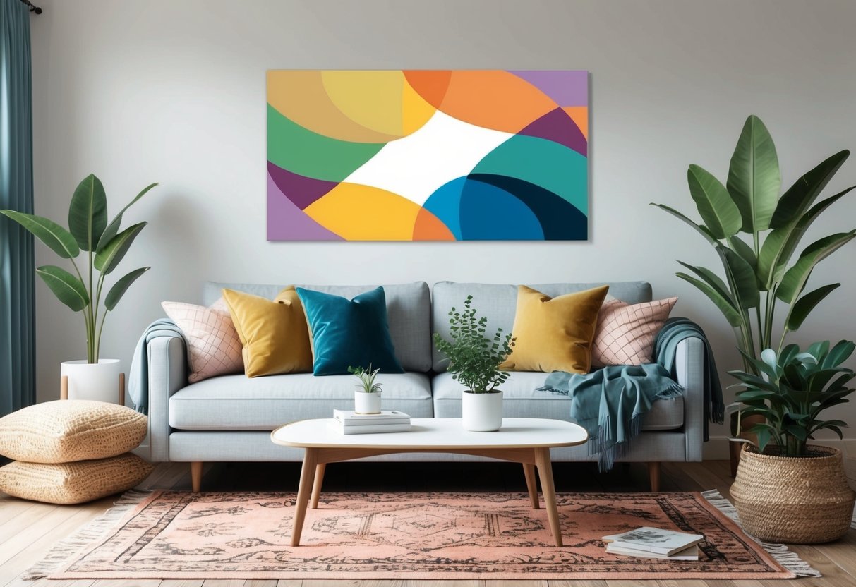 A cozy living room with a large, colorful wall art piece as the focal point. Decorative elements such as throw pillows, plants, and a stylish rug complete the space