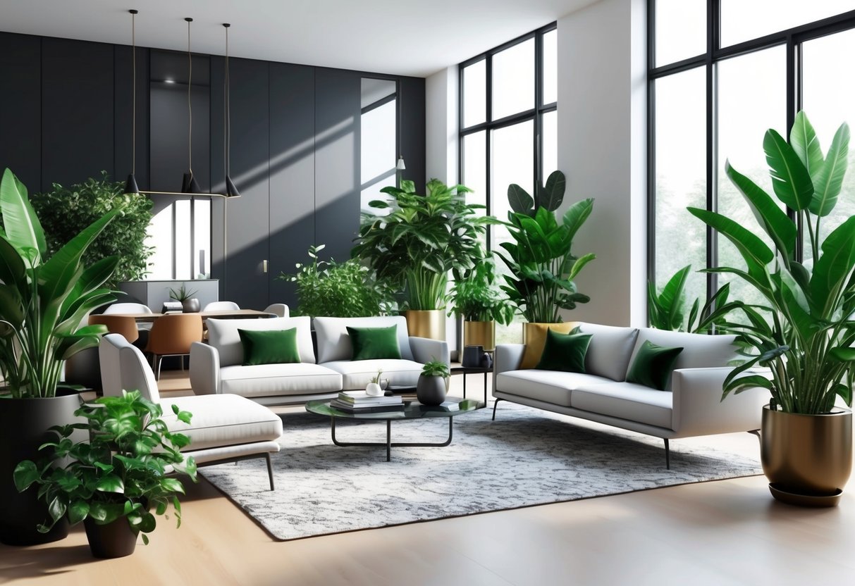 A modern living room with sleek furniture and large windows, filled with lush green plants in stylish pots, creating a harmonious blend of nature and design