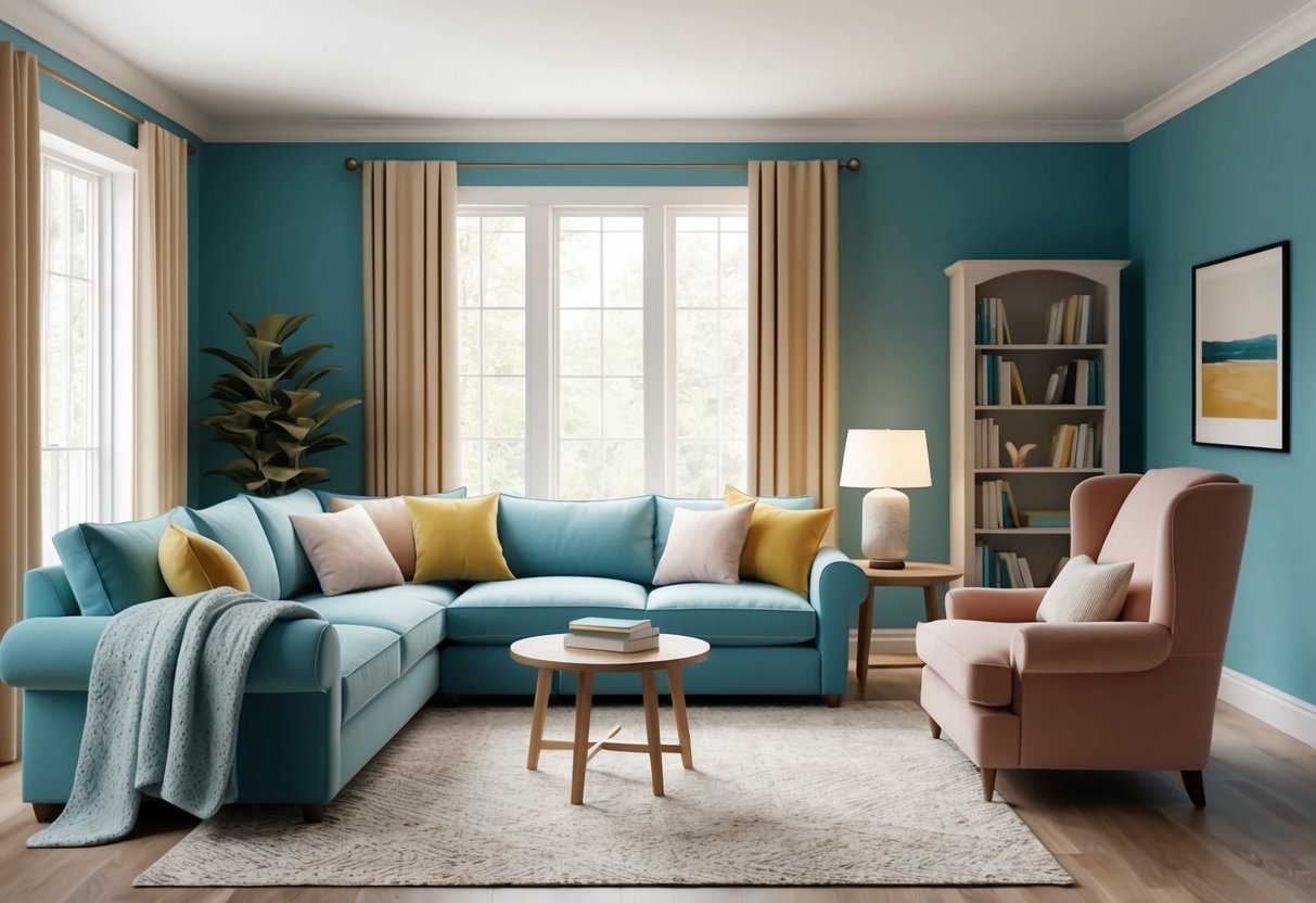 A living room with a comfortable sofa, soft blankets, and a well-lit reading nook with a cozy armchair and a small bookshelf