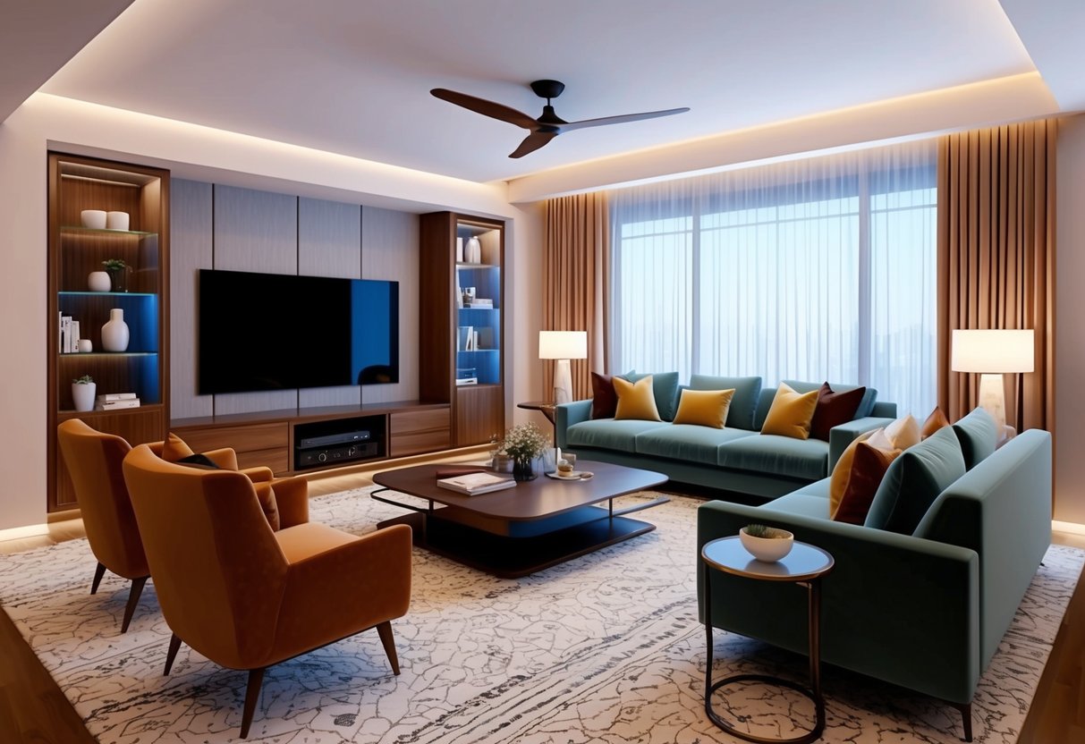 A cozy living room with modern furniture, a sleek entertainment center, and a well-designed layout for conversation and relaxation