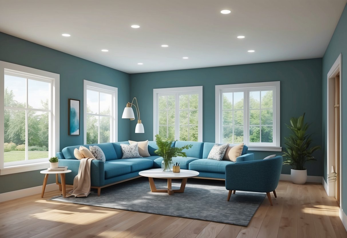 A well-lit, energy-efficient home with LED lights, smart dimmers, and natural light streaming through well-insulated windows