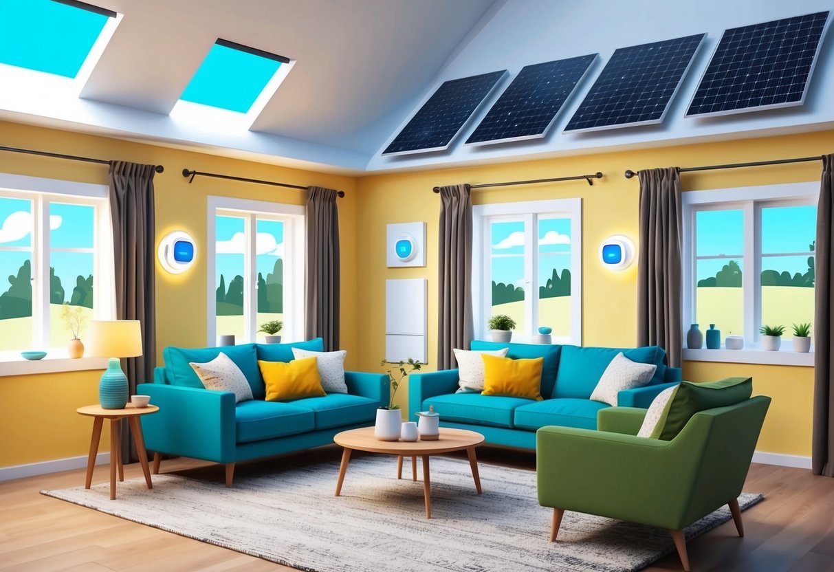 A cozy living room with smart thermostats, LED lighting, and energy-efficient appliances. Windows are covered with insulated curtains, and solar panels are visible on the roof
