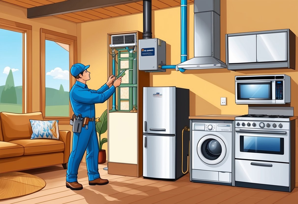 A technician conducting an energy audit, checking insulation, HVAC systems, and appliances for routine maintenance in a cozy home