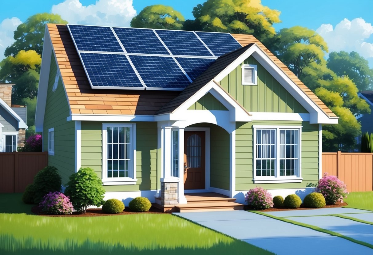 A cozy home with energy-efficient features, such as solar panels, LED lighting, and insulated windows, reducing utility bills and increasing comfort