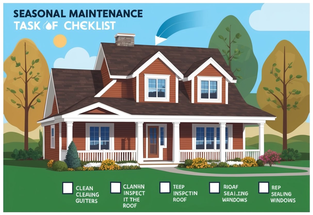 A cozy home with a checklist of seasonal maintenance tasks, including cleaning gutters, inspecting the roof, and sealing windows