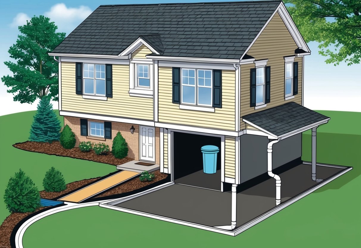 A house with gutters cleaned, downspouts extended, and landscaping sloped away from the foundation. A sump pump in the basement and weatherstripping around doors and windows