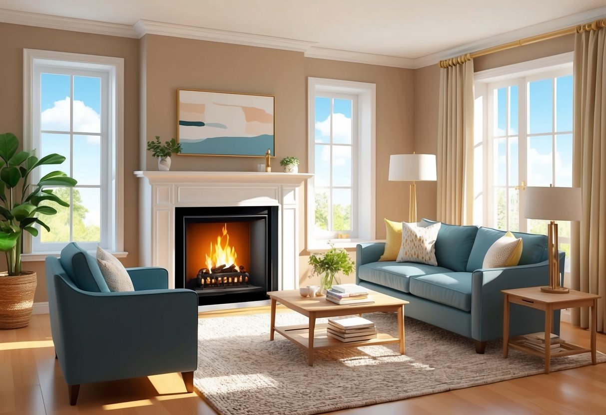 A cozy living room with a crackling fireplace, surrounded by neatly arranged furniture and decor. Sunlight streams through clean windows, highlighting the well-maintained interior