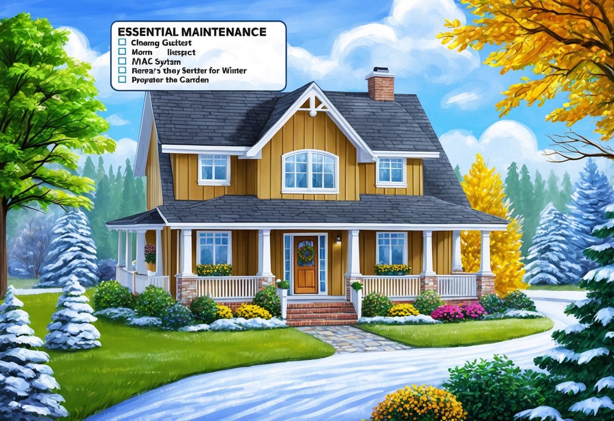 A cozy home surrounded by changing seasons, with a checklist of essential maintenance tasks such as cleaning gutters, inspecting HVAC systems, and preparing the garden for winter
