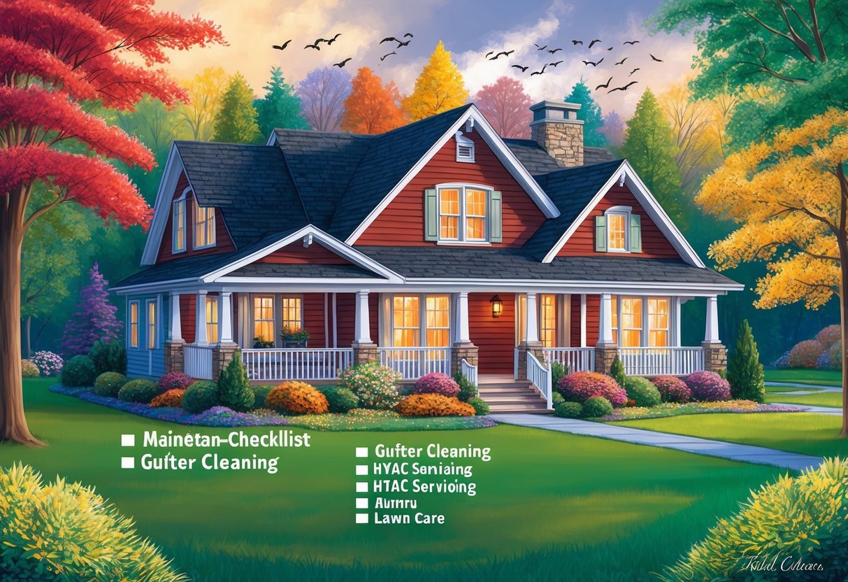 A cozy home surrounded by changing seasons, with a checklist of maintenance tasks including gutter cleaning, HVAC servicing, and lawn care