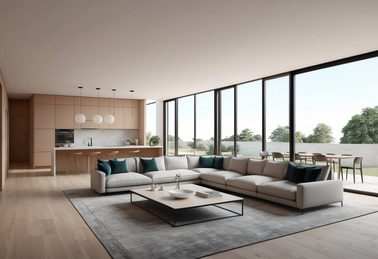A spacious living room with a connected kitchen and dining area, featuring minimalistic furniture, large windows, and an abundance of natural light