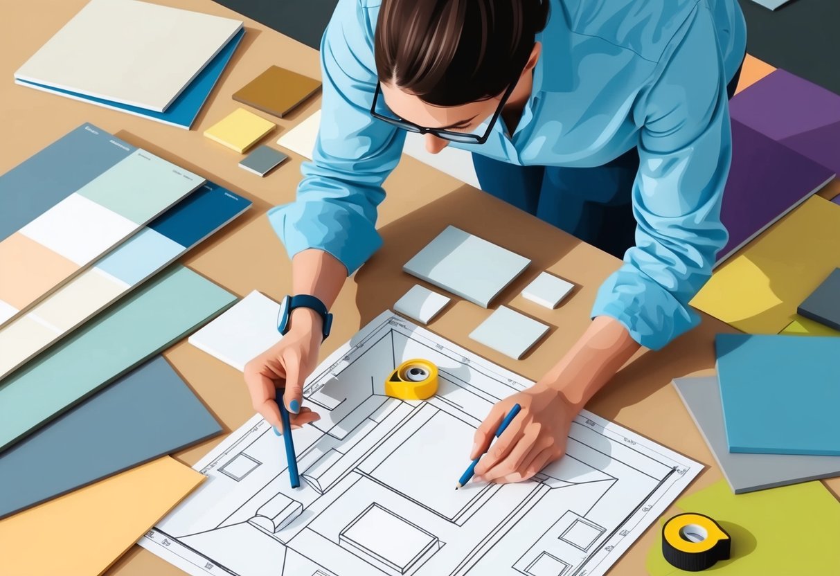 An interior designer selects materials and finishes for an open-concept living space, surrounded by paint swatches and samples. A blueprint and measuring tape lay on the table