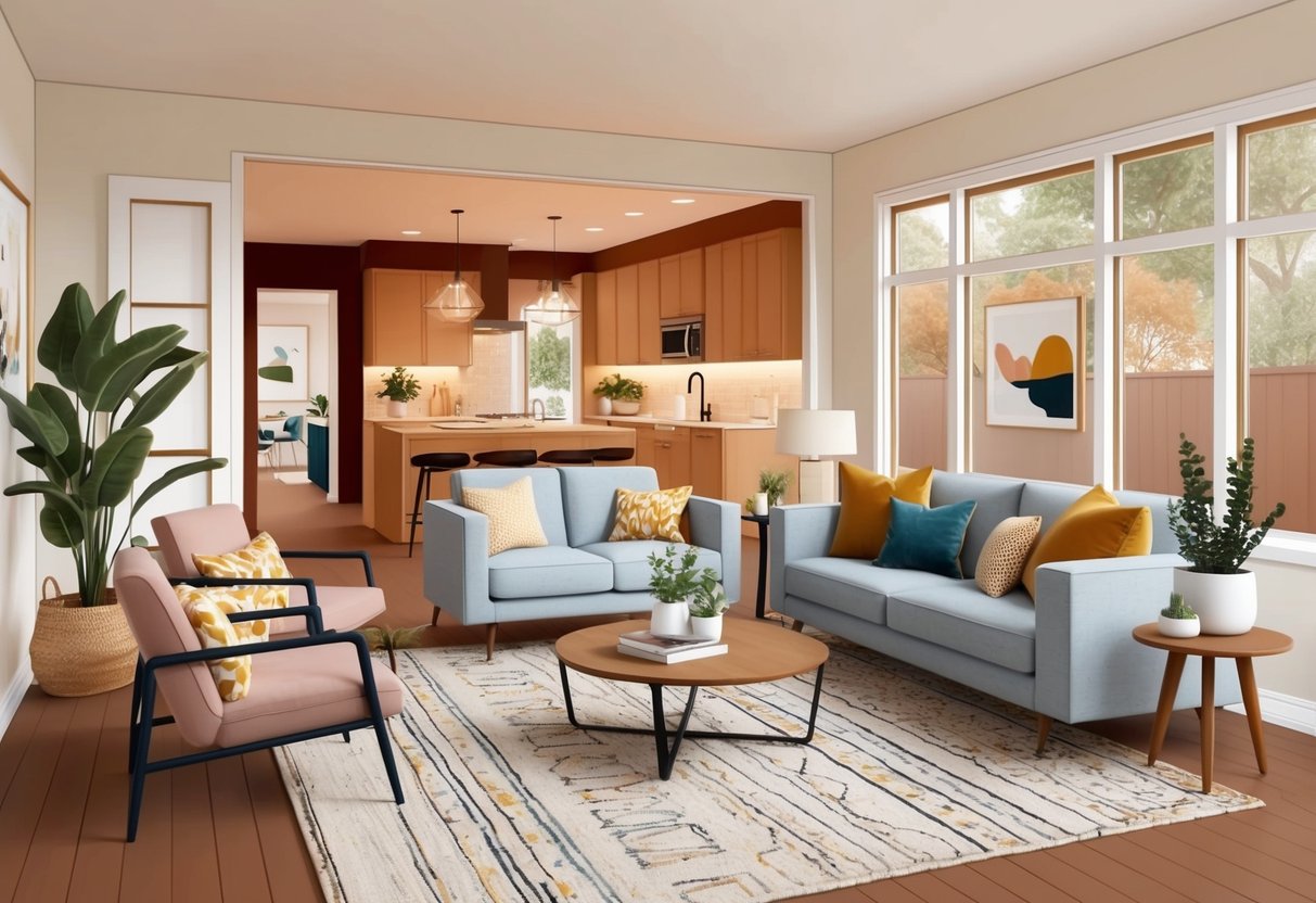 A cozy open-concept living space with modern furniture, warm lighting, and personal touches like artwork, plants, and decorative accents throughout the room