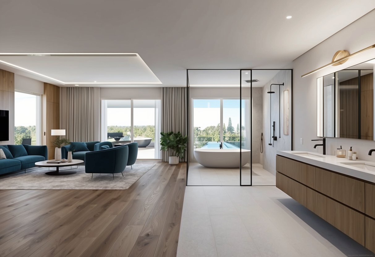 A spacious, interconnected living area flows seamlessly into a modern, updated bathroom with sleek fixtures and a cohesive design scheme