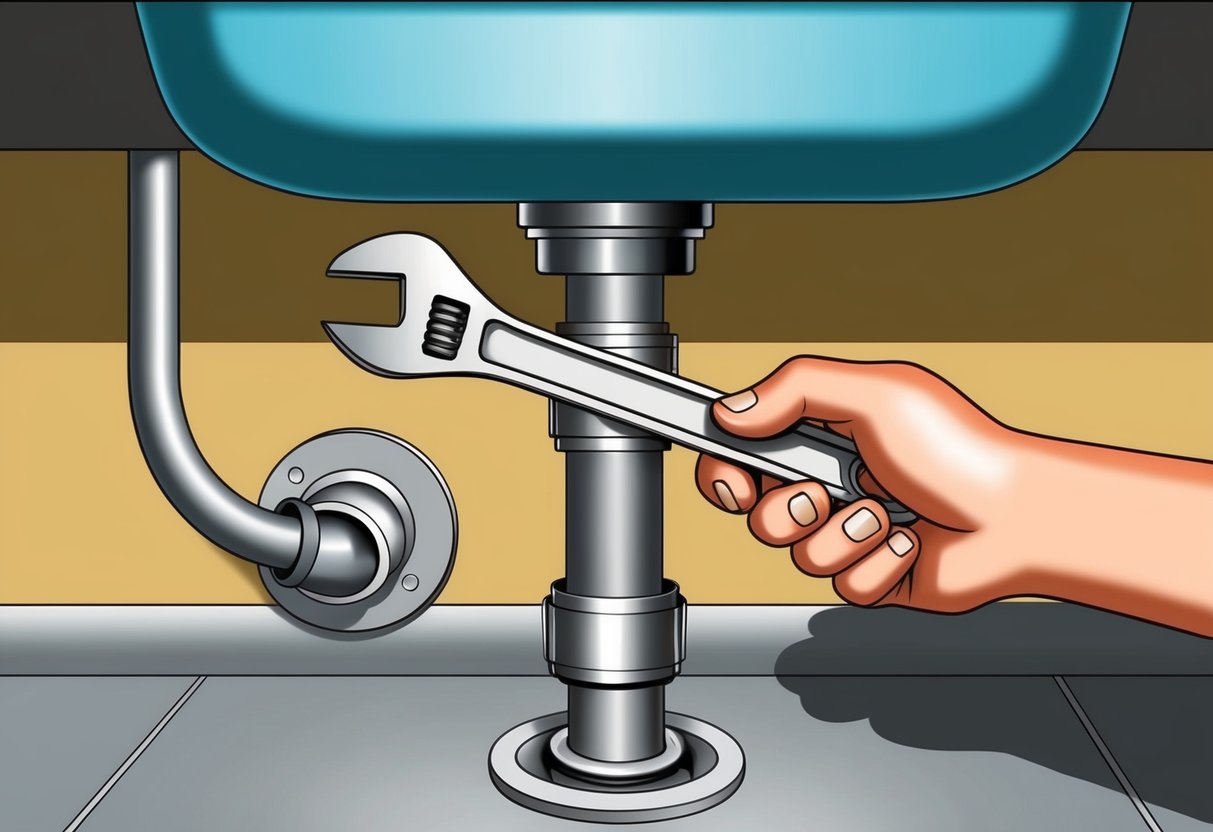 A wrench tightening a leaking pipe under a sink
