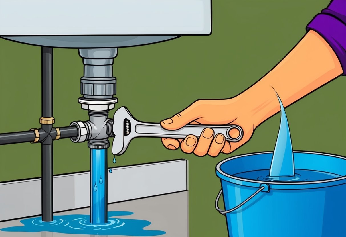 A person using a wrench to tighten a pipe under a sink, with a bucket catching water from a leak