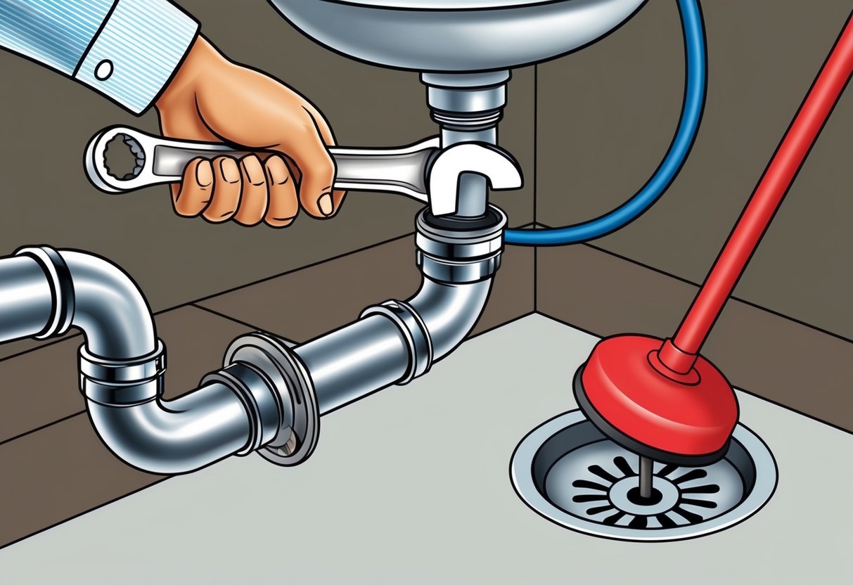 A wrench tightening a leaky pipe under a sink, while a plunger unclogs a shower drain nearby