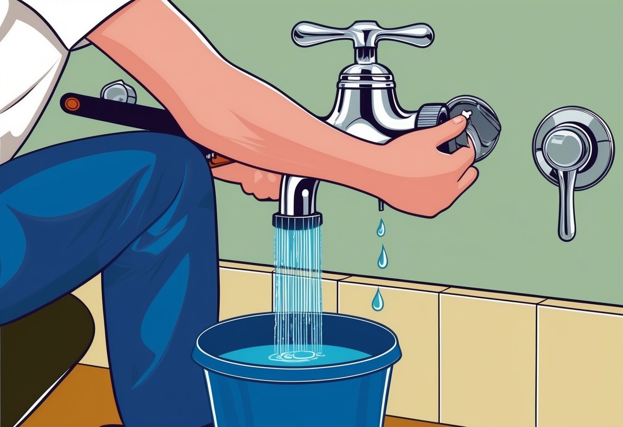 A person fixing a leaking faucet with a wrench, a bucket underneath catching the dripping water