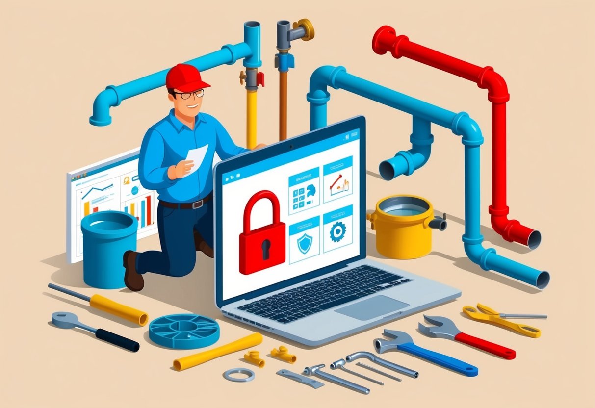 A homeowner researching plumbing solutions on a laptop, surrounded by various tools and pipes. A padlock symbolizes privacy and data protection