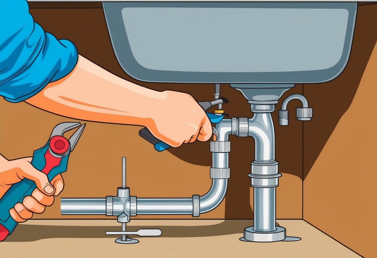 A person using basic tools to fix a leaking pipe under a sink