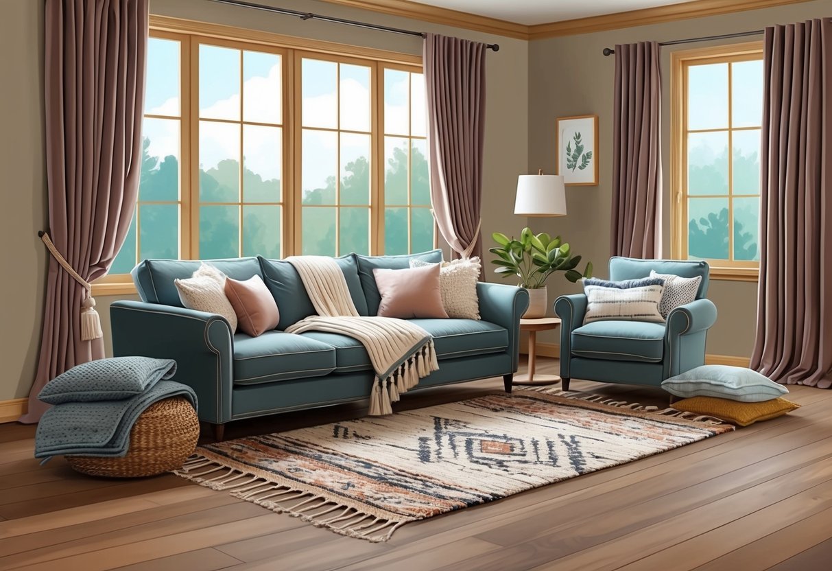 A cozy living room with plush throw pillows, draped curtains, and neatly folded blankets. A handmade rug adds warmth to the hardwood floor