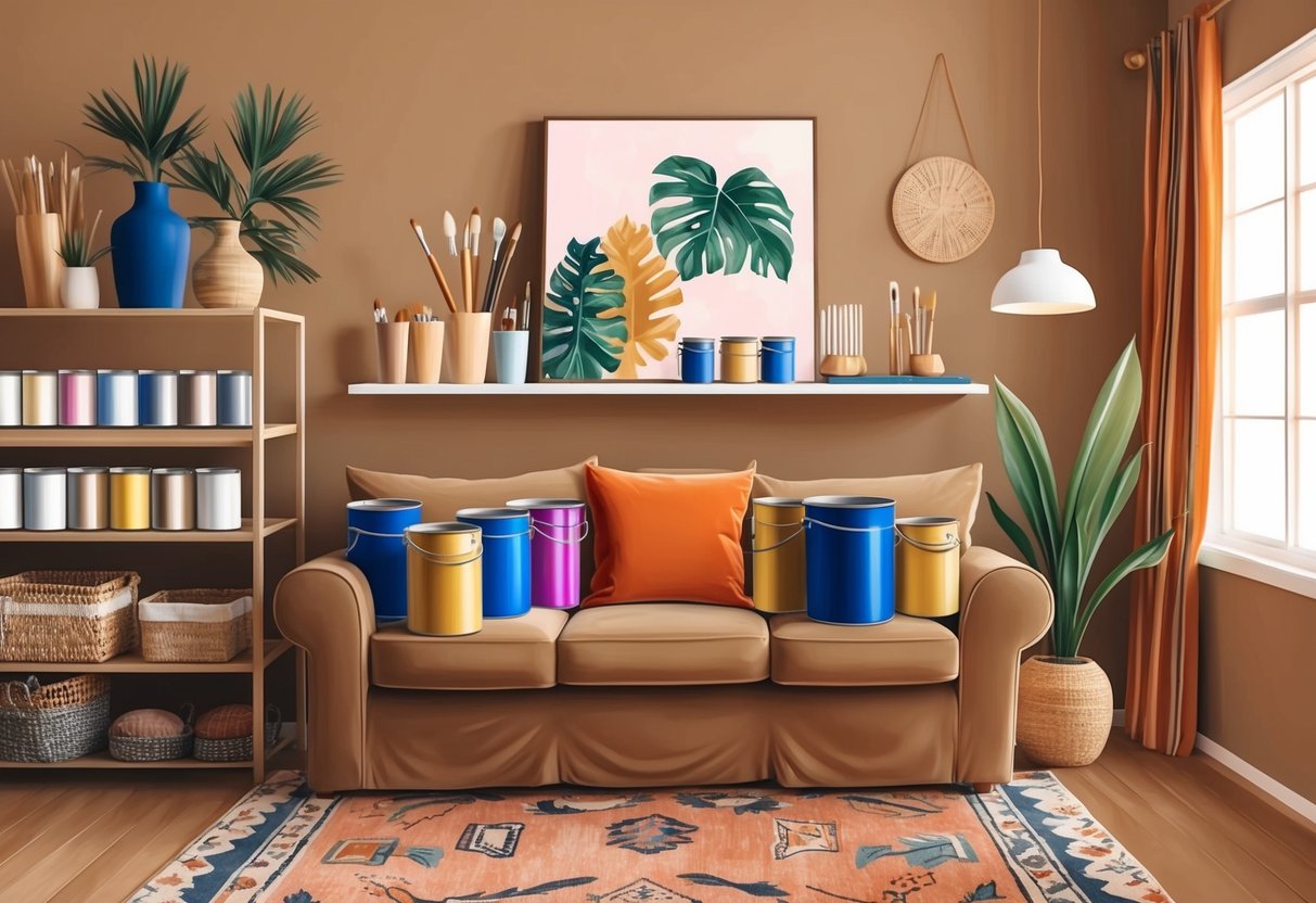 A cozy living room with warm, earthy tones and pops of vibrant color. Paint cans, brushes, and decorative accents are neatly organized on shelves