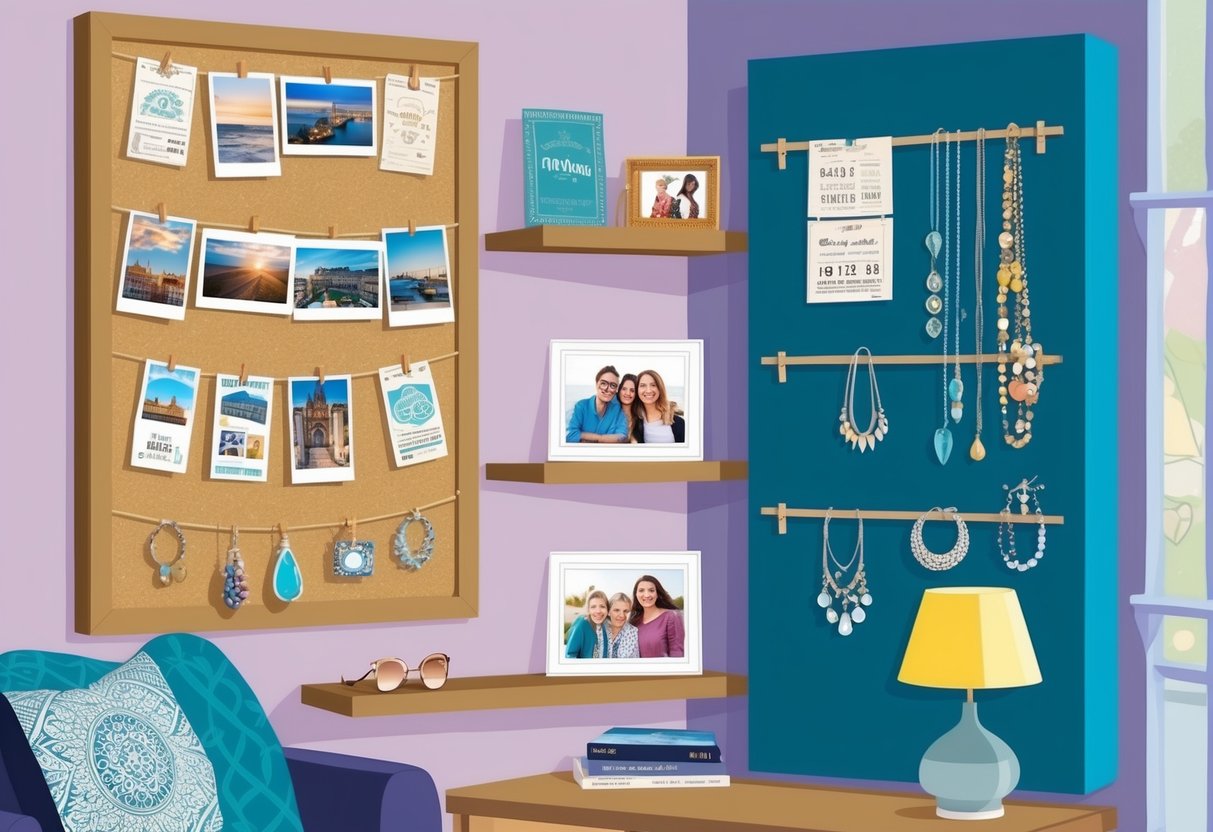 A cozy room with shelves displaying photos, trinkets, and souvenirs. A bulletin board holds ticket stubs and postcards. A DIY wall organizer for jewelry and accessories