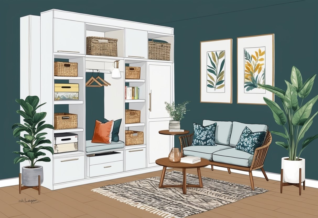 A small room with clever storage solutions, cozy seating, and decorative accents. Plants and artwork add a touch of personality to the space