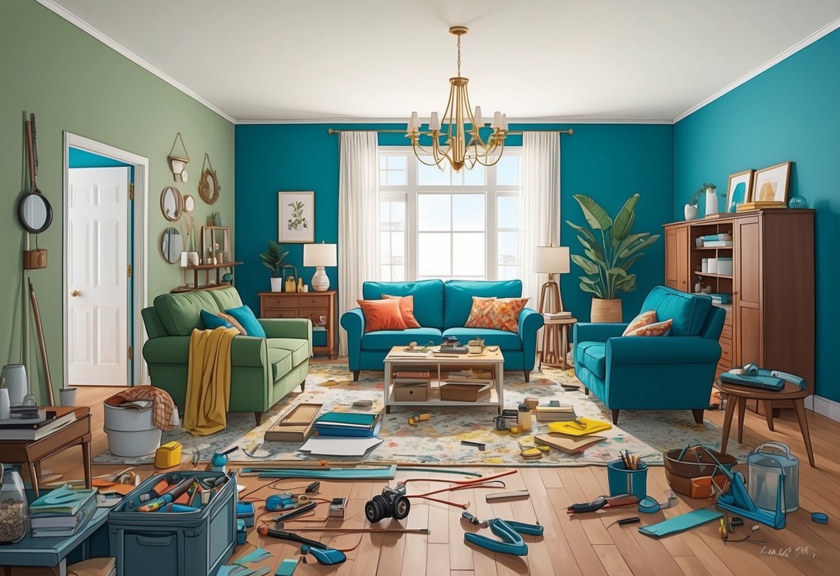A cluttered room with scattered decor and disorganized furniture. DIY projects in progress, with tools and materials scattered around
