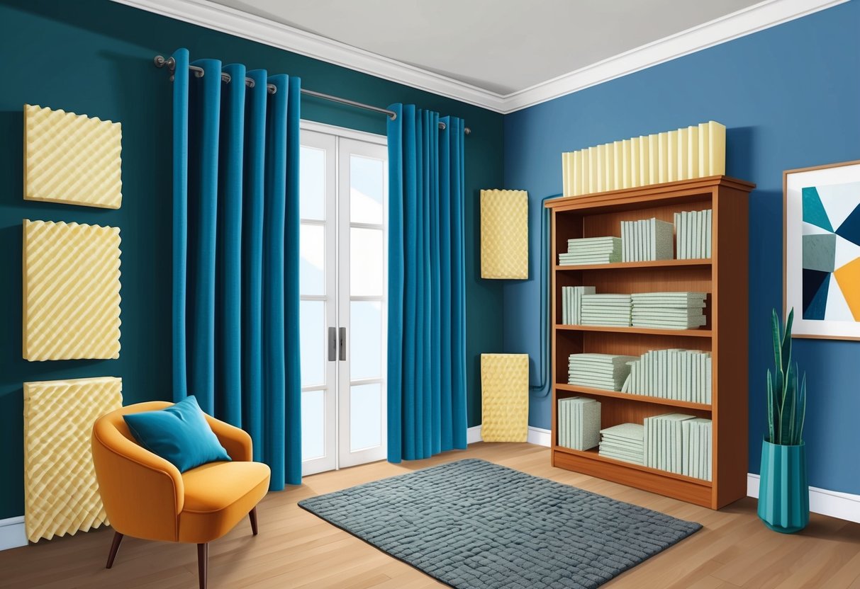 Feature image A room with thick curtains, foam panels on walls, weatherstripping on doors, and a bookshelf filled with sound-absorbing materials